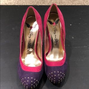 Pink and purple suede platform heels